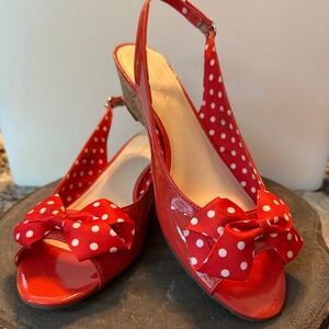 Anne Klein Red/White Polka Dot Wedge Shoes with Heel Strap.  Size 9.5.